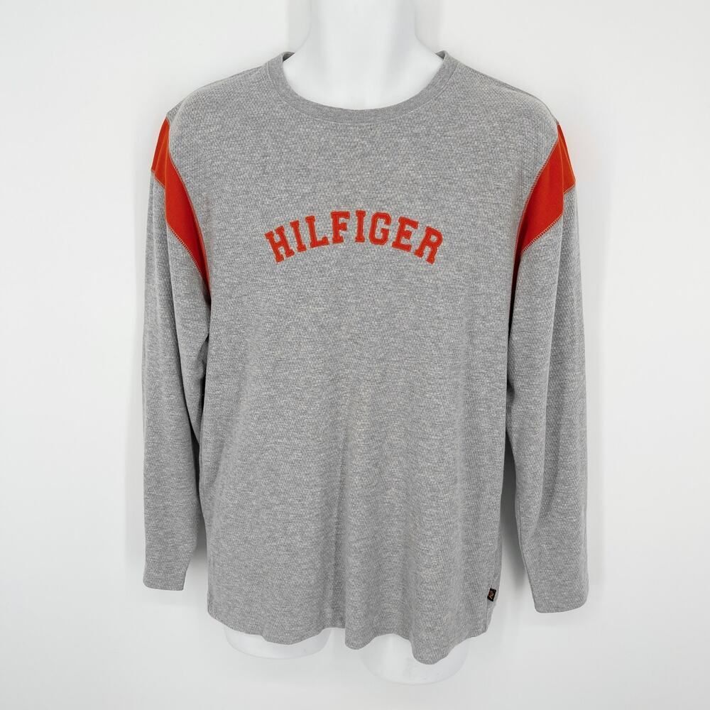 Tommy Hilfiger Henley Top Mens Sz S Gray Orange Spellout Letters 100% Cotton